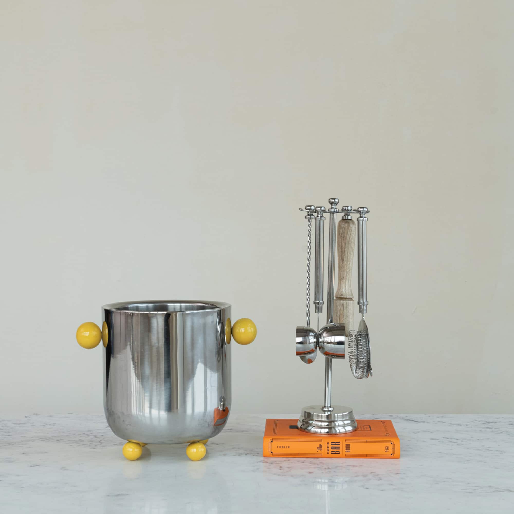 Hello Honey 5-Piece Stainless Steel and Mango Wood Bar Tools with Stand, Nickel Finish and Natural